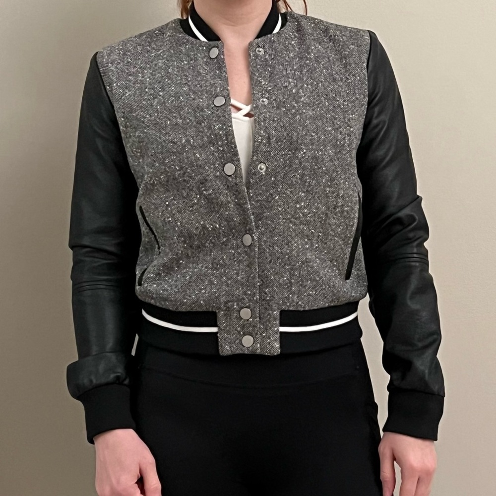 Abercrombie & Fitch grey and black varsity bomber button up jacket - Picture 2 of 4